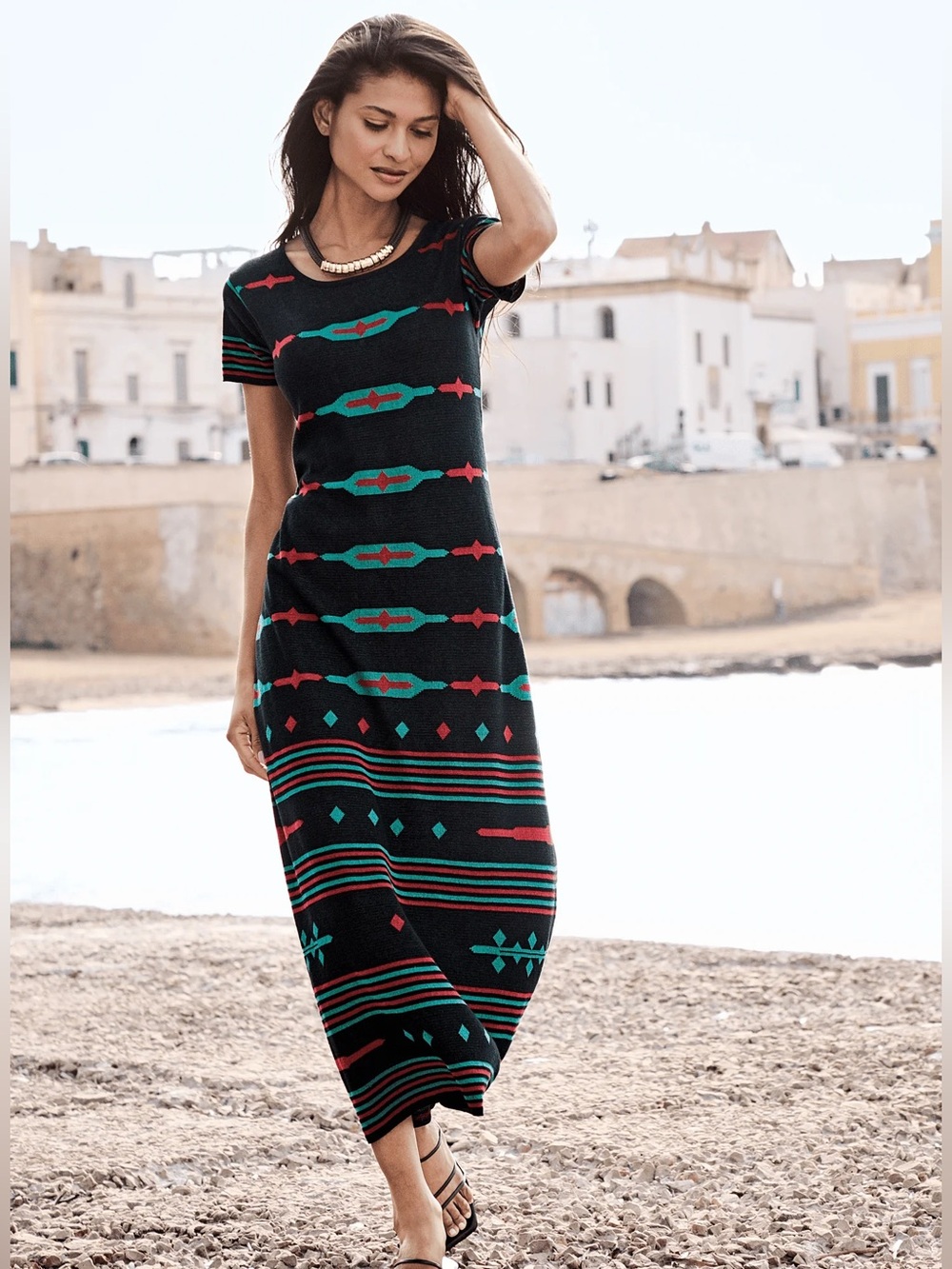 Peruvian Connection Pima Cotton Knit Midi Dress Black Geometric Southwestern S